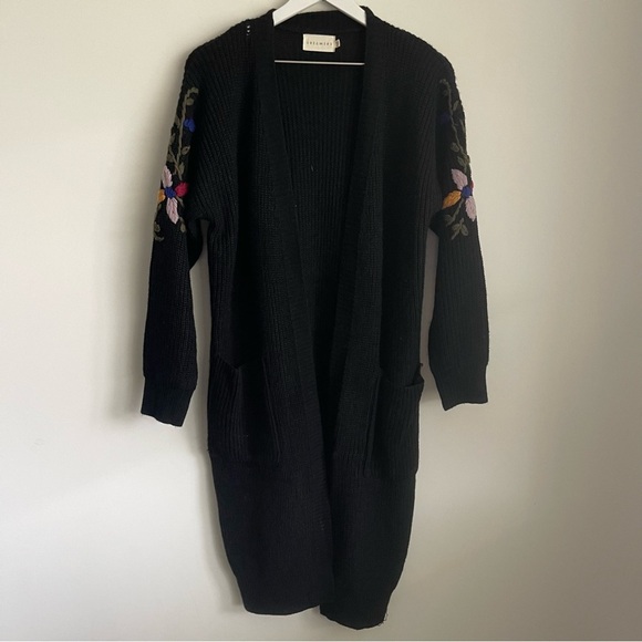 Dreamers black knit embroidered sleeve long open front cardigan  S/M - Picture 1 of 7